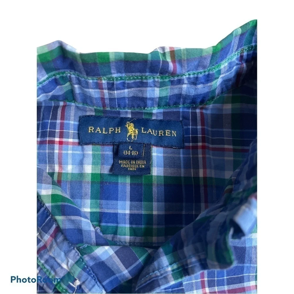 Ralph Lauren Boys Blue Green Plaid Button Down Shirt Size L 14–16 Preppy